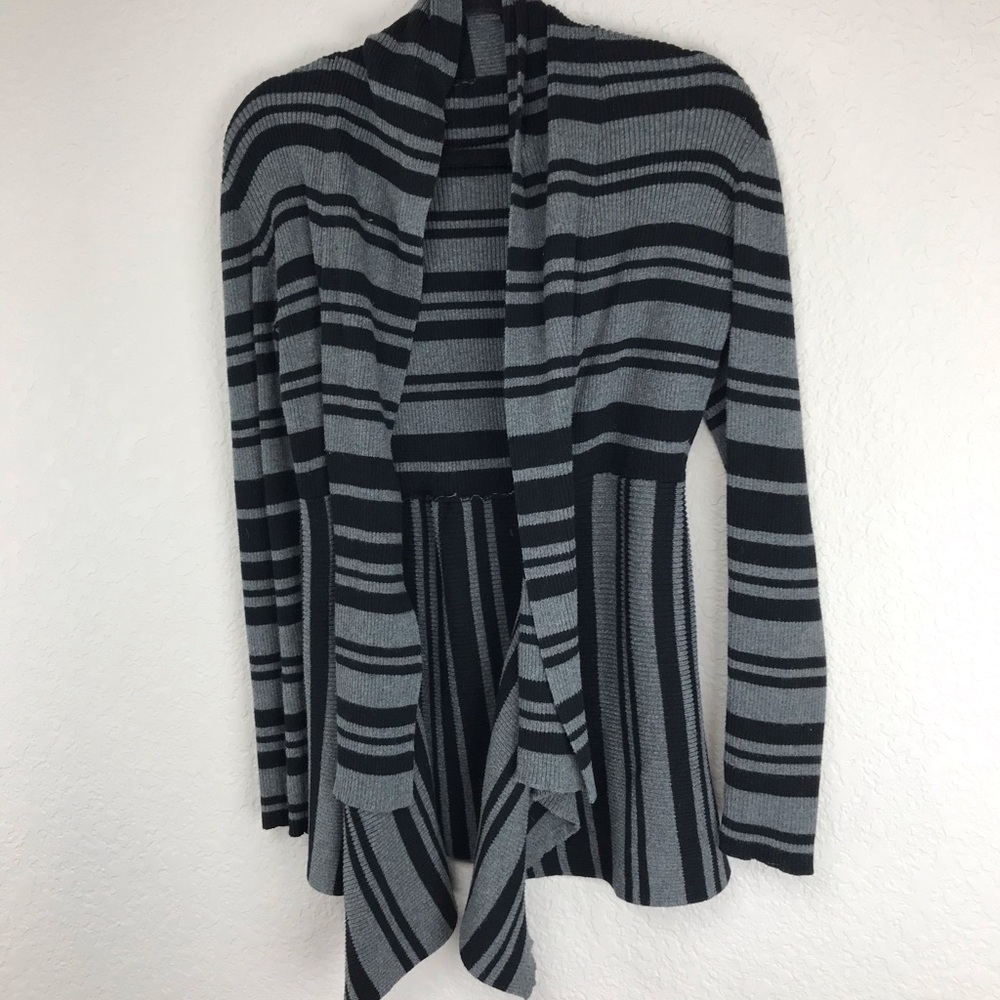 Black & Grey Striped Cardigan Waterfall Hemline